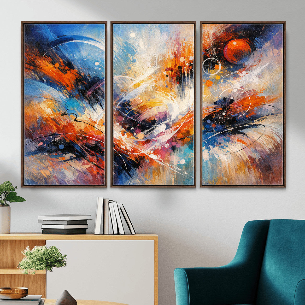 47770355-MGV-CV-36X24 - Geometric Abstract Wall Art Canvas Print, Orange Blue Abstract Expressionist Painting Print, Modern Geometric Abstract Canvas Art
