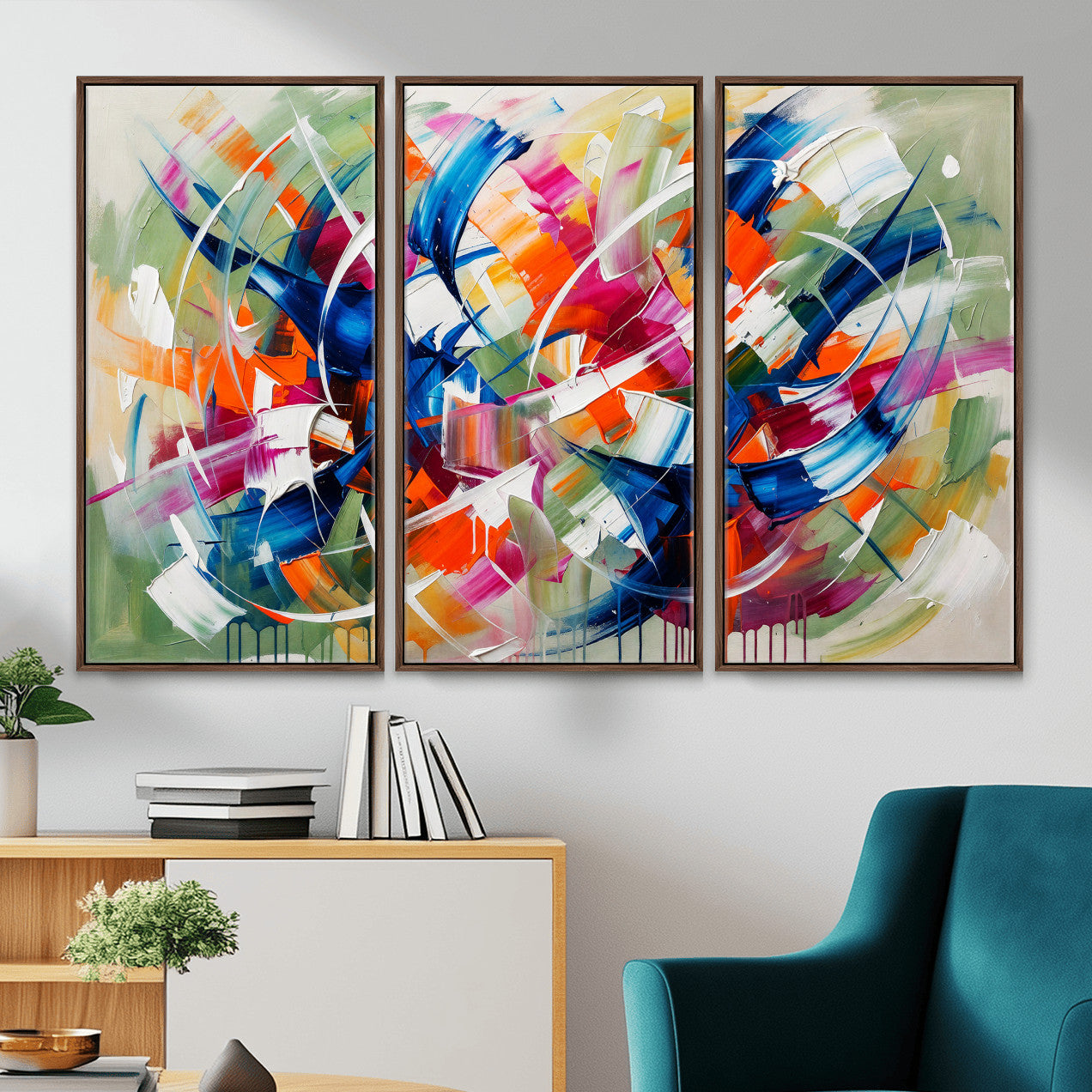 15032888-MGV-CV-36X24 - Geometric Abstract Wall Art Canvas Print, Orange Blue Abstract Expressionist Painting Print, Modern Geometric Abstract Canvas Art