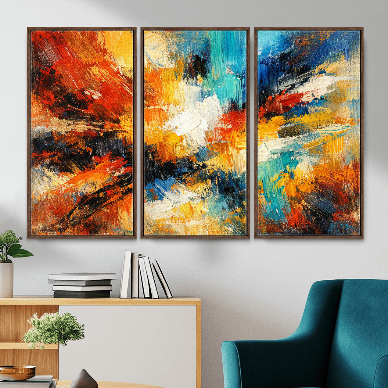 93167583-MGV-CV-36X24 - Geometric Abstract Wall Art Canvas Print, Orange Blue Abstract Expressionist Painting Print, Modern Geometric Abstract Canvas Art