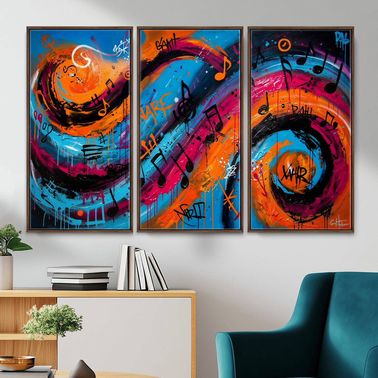 34936518-MGV-CV-36X24 - Geometric Abstract Wall Art Canvas Print, Orange Blue Abstract Expressionist Painting Print, Modern Geometric Abstract Canvas Art