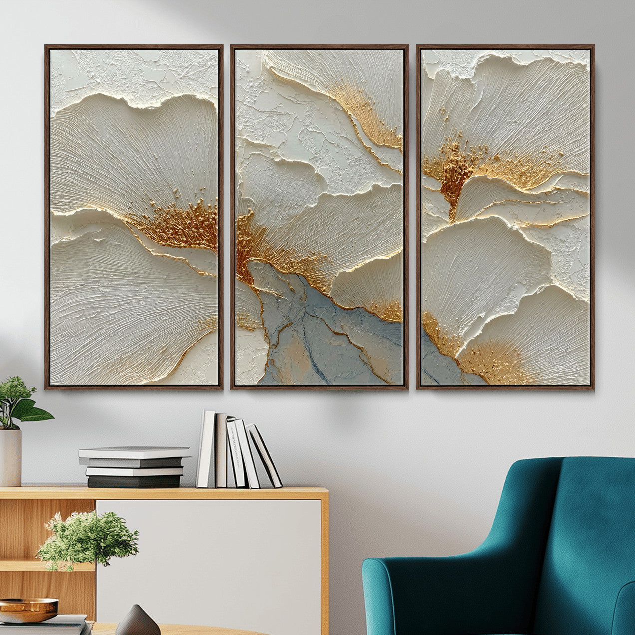 4712069F1-MGV-CV-36X24 - White Gold Floral Canvas Wall Art — Textured Flower Print | Luxury Botanical Decor | Elegant Bedroom Art | Gold Leaf Wall Art Gift