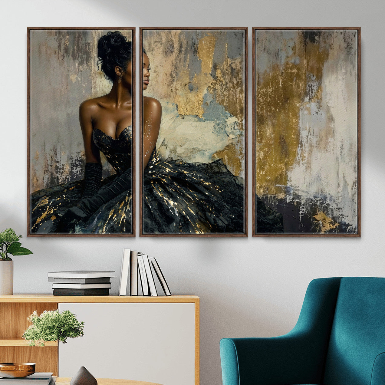 4712069Z1-MGV-CV-36X24 - Elegant Woman Canvas Wall Art — Black Gold Gown Fashion Print | Luxury Glam Wall Decor | African American Art | Bold Bedroom Wall Art Gift
