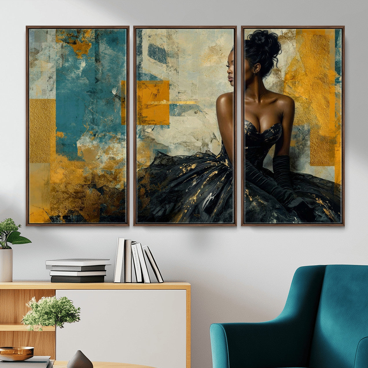 4712069Z21-MGV-CV-36X24 - Elegant Woman Canvas Wall Art — Black Gold Gown Fashion Print | Luxury Glam Wall Decor | African American Art | Bold Bedroom Wall Art Gift