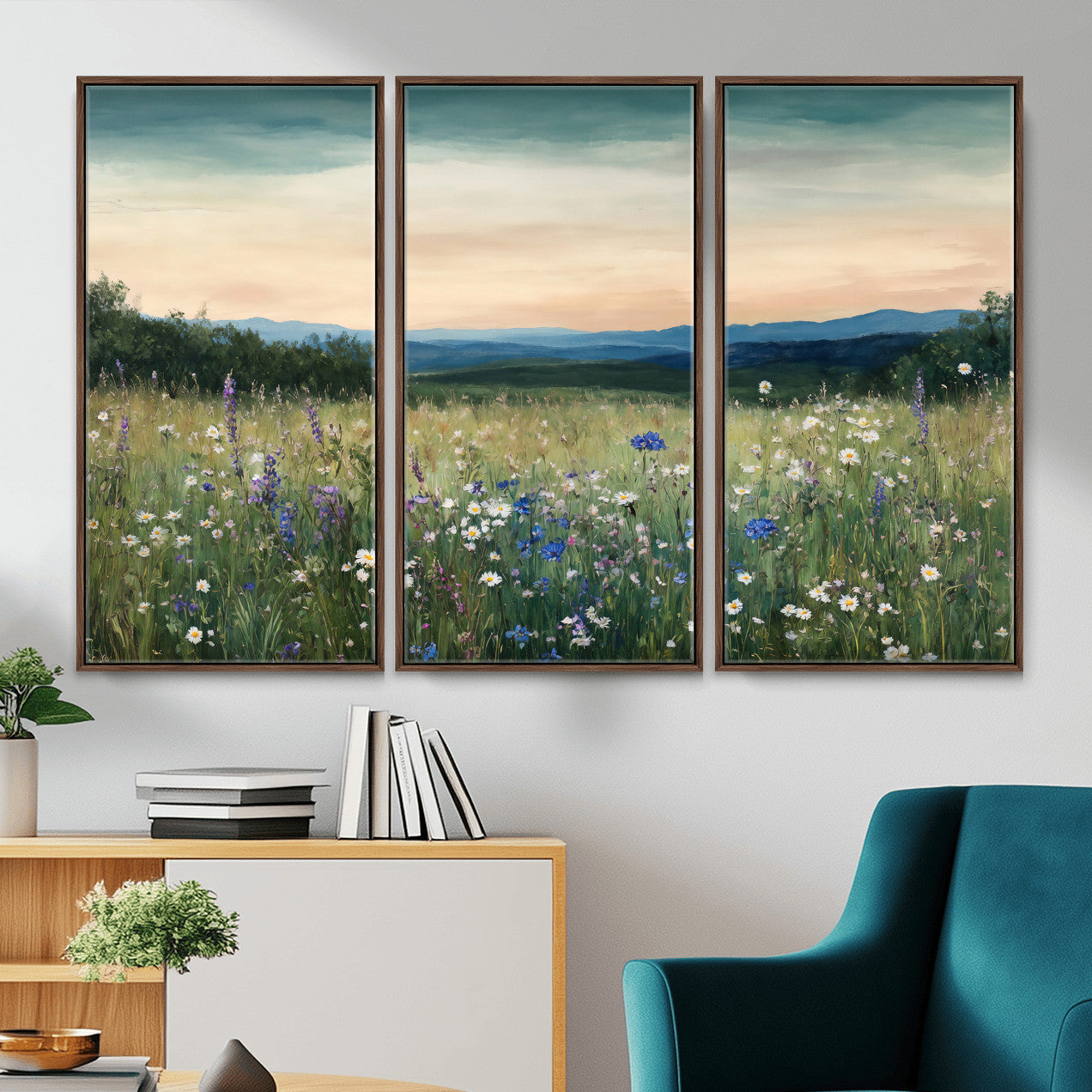 35773805-MGV-CV-36X24 - Wildflower Meadow Oil Painting Canvas Print - Daisy Lavender Mountain Sunset Print | Cottagecore Floral Wall Art - Bedroom Decor Gift for Her