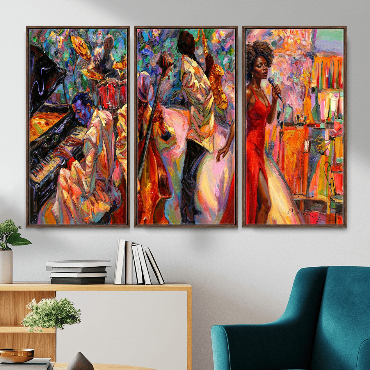 72615137-MGV-CV-36X24 - African American Jazz Singer Canvas Art - Red Dress Black Woman Music Print | Colorful Jazz Band Wall Decor | Living Room Gift for Her