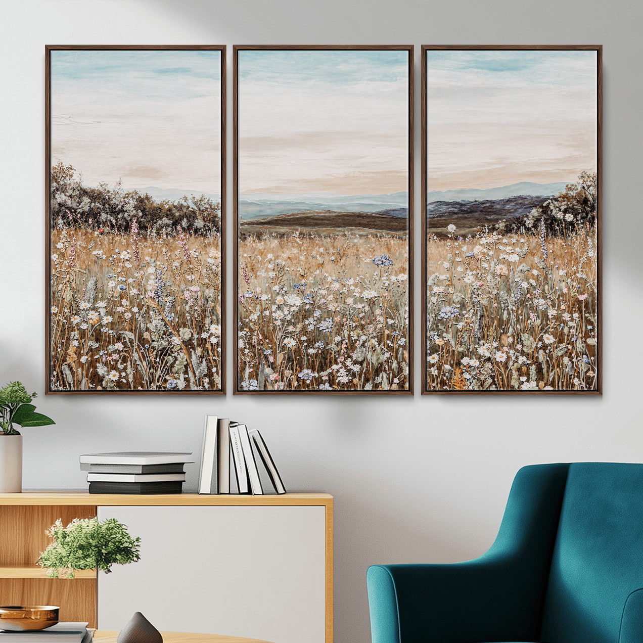F35773805-MGV-CV-36X24 - Neutral Wildflower Field Canvas Wall Art — Beige Earth Tone Botanical Meadow Print | Farmhouse Boho Decor | Bedroom Living Room Gift Her