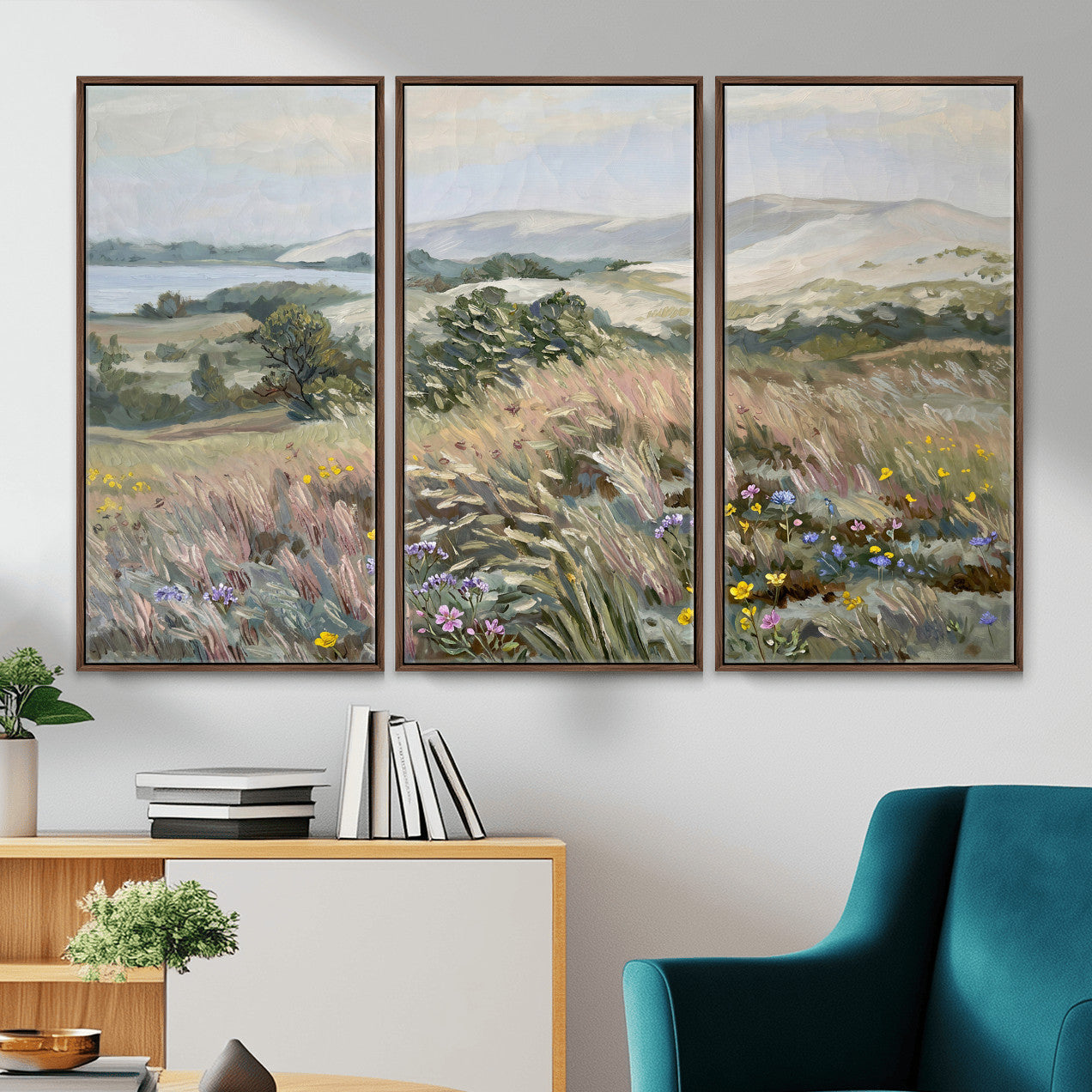 18013232-MGV-CV-36X24 - Katie Staples Hillside Canvas Wall Art — Coastal Wildflower Dune Oil Painting Print | Muted Green Nature Decor | Plein Air Landscape Gift