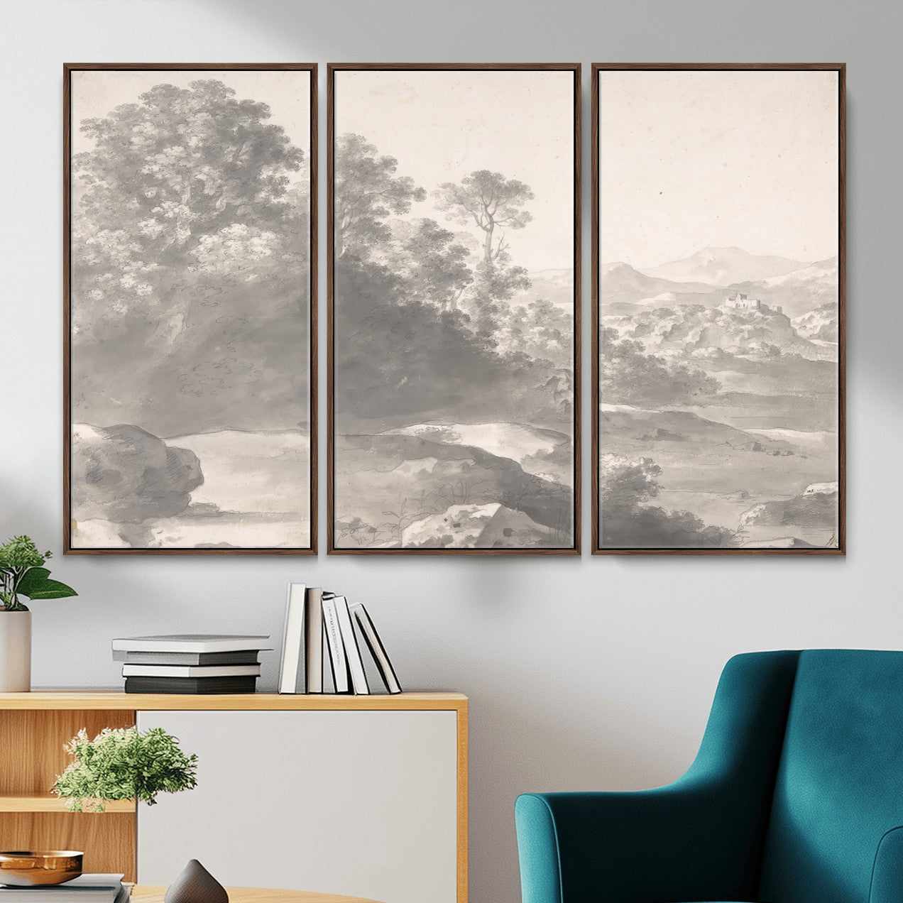 33041209-MGV-CV-36X24 - Van Poelenburch Landscape Canvas Wall Art — Dutch Golden Age Gray Wash Drawing Print | Baroque Italianate Nature Decor | Old Master Classic Gift