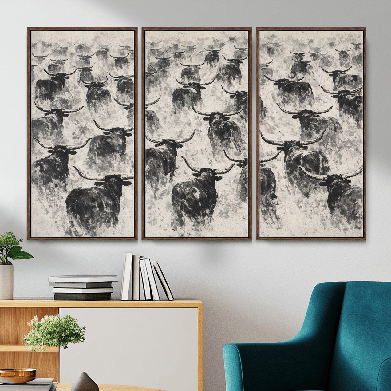 73328525-MGV-CV-36X24 - Texas Longhorn Drawing Canvas Wall Art, Western Cattle Stampede Painting Print, Warm Amber Ranch Decor, Rustic Cowboy Home Art, Large Living Room Decor