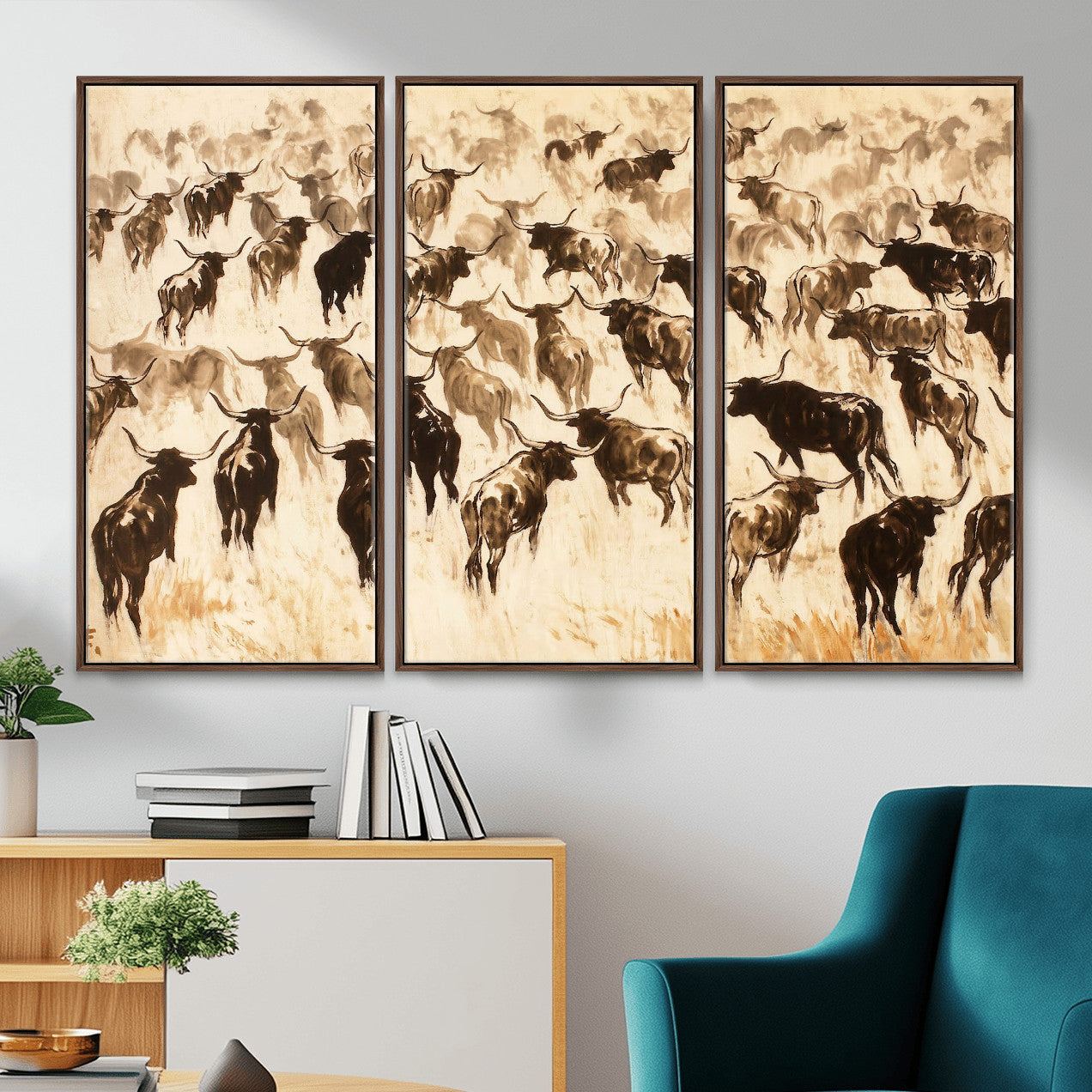 39077774-MGV-CV-36X24 - Texas Longhorn Sepia Canvas Wall Art, Western Cattle Stampede Painting Print, Warm Amber Ranch Decor, Rustic Cowboy Home Art, Large Living Room Decor