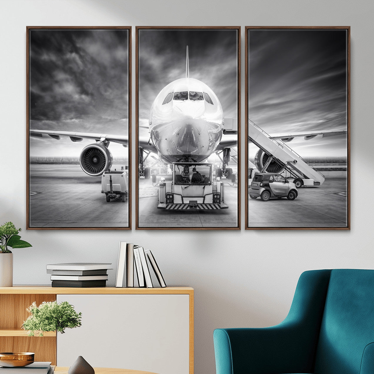 85885848-MGV-CV-36X24 - Airplane Wall Art Canvas Print, Black and White Jet Aircraft Airport Runway Framed Aviation Artwork for Pilot Office Hangar Travel Decor