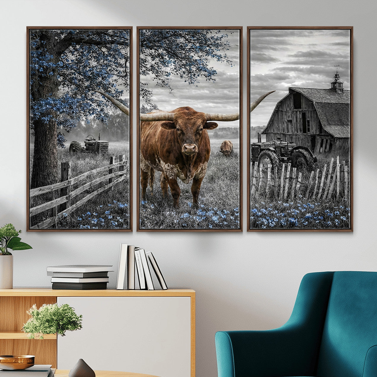 19366343-MGV-CV-36X24 - Texas Longhorn Canvas Wall Art, Rustic Farm Barn Bluebonnet Photography Print, Farmhouse Country Decor, Western Ranch Art, Old Truck Tractor Print