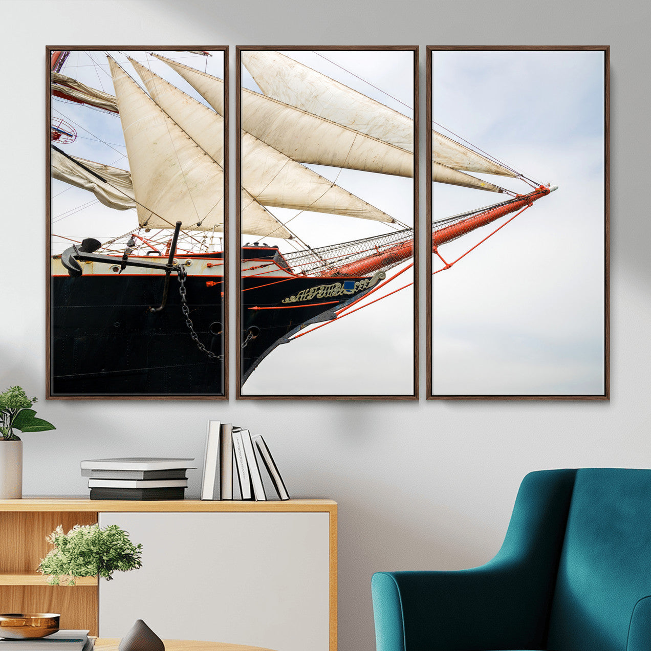 64830036-MGV-CV-36X24 - Sailboat Wall Art Canvas Print, Vintage Ship Bow Framed Artwork, Nautical Sailing Decor for Living Room Office Beach House