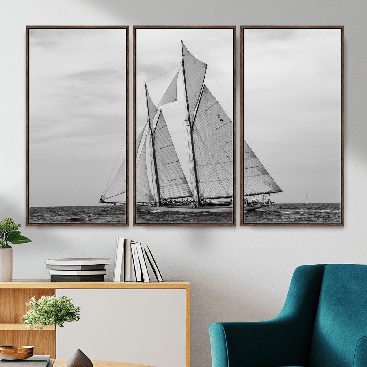 52882918-MGV-CV-36X24 - Vintage Sailboat Wall Art Canvas Print, Black and White Schooner Framed Artwork, Nautical Ocean Sailing Decor for Living Room Office Beach House