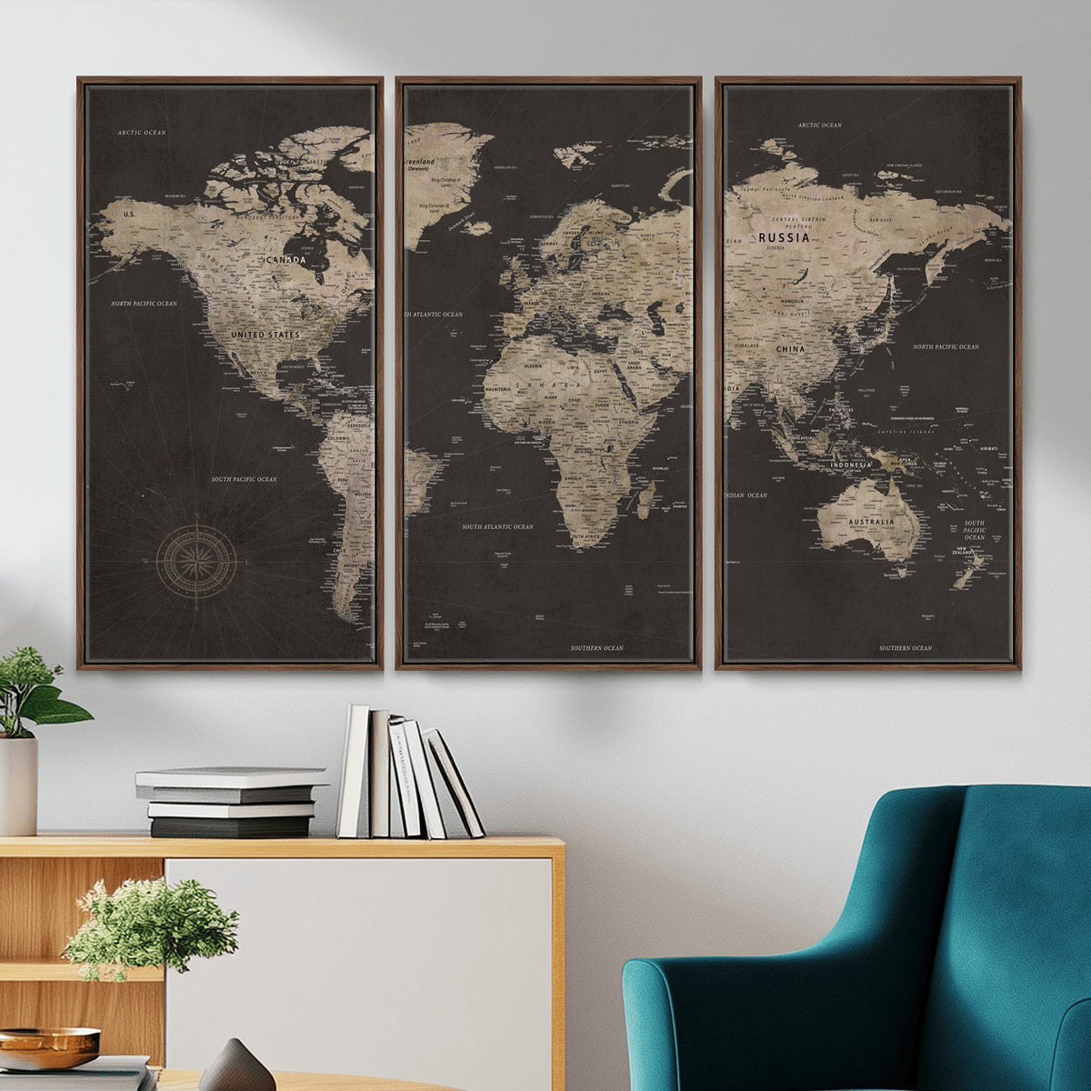 56556018136-MGV-CV-36X24 - World Map Canvas Wall Art, Dark Charcoal and Antique Tan Detailed Map