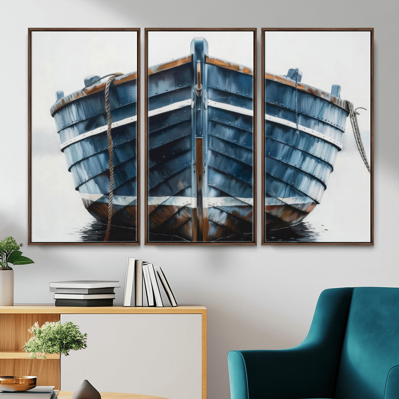 21601740-MGV-CV-36X24 - Blue Wooden Rowboat Canvas Wall Art, Coastal Nautical Boat Painting Print for Lake Beach House Decor, Minimalist Maritime Decor Artwork