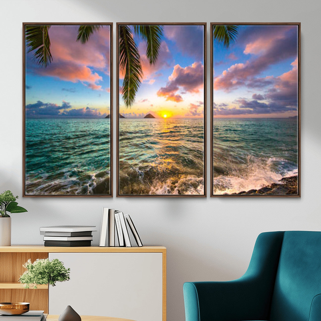 13207742-MGV-CV-36X24 - Hawaii Beach Sunset Canvas Wall Art Print, Tropical Ocean Landscape Artwork, Palm Tree Coastal Decor for Living Room Bedroom