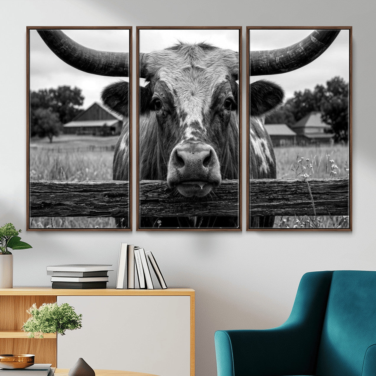 59378683B-MGV-CV-36X24 - Black White Texas Longhorn Bull Canvas Wall Art, Western Ranch Cattle Photography Print, Rustic Farmhouse Cowboy Decor Artwork