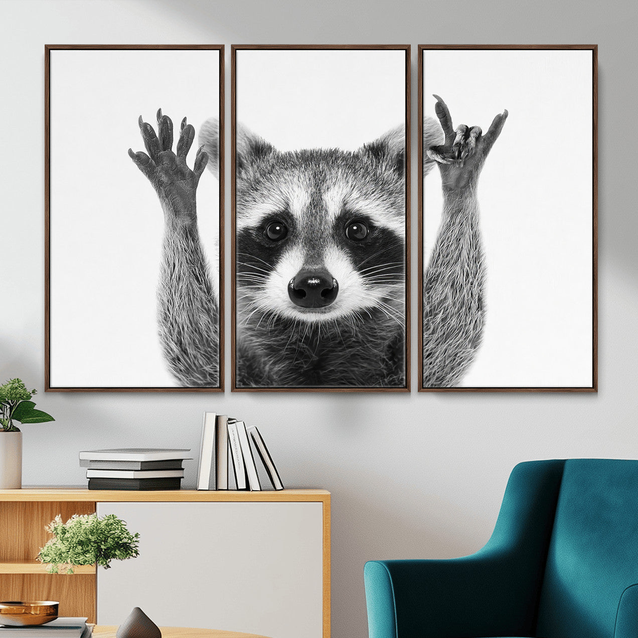 82392228-MGV-CV-36X24 - Funny Raccoon Canvas Wall Art, Black White Hands Up Animal Photo Print, Humorous Wildlife Decor, Kids Room Nursery Art, Quirky Animal Gift