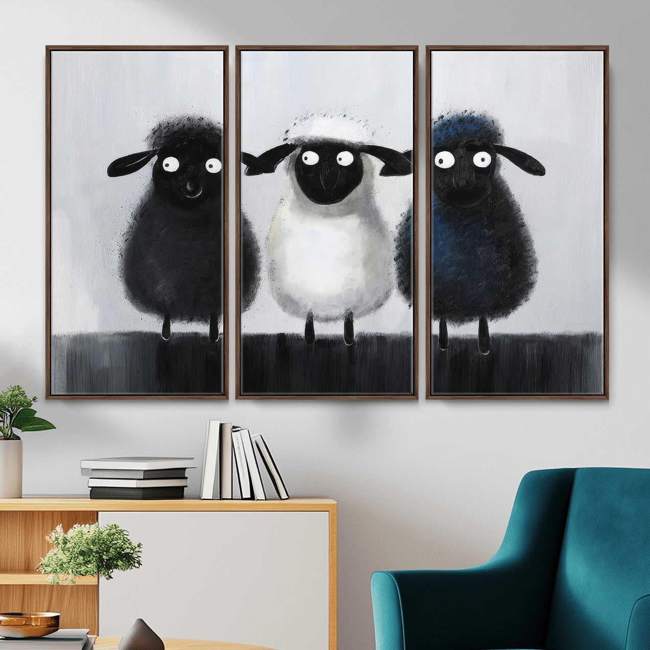 45650028-MGV-CV-36X24 - Funny Sheep Canvas Wall Art, Three Quirky Sheep Painting Print, Cute Animal Nursery Decor, Black White Navy Farmhouse Art, Kids Room Gift