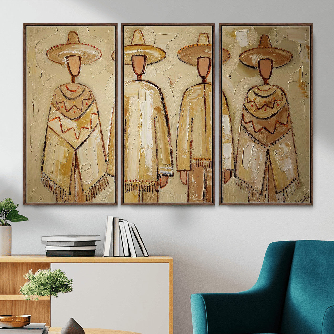 46071653-MGV-CV-36X24 - Mexican Folk Art Canvas Wall Art, Charro Poncho Sombrero Painting Print, Neutral Beige Boho Decor, Southwestern Impasto Style, Living Room Art