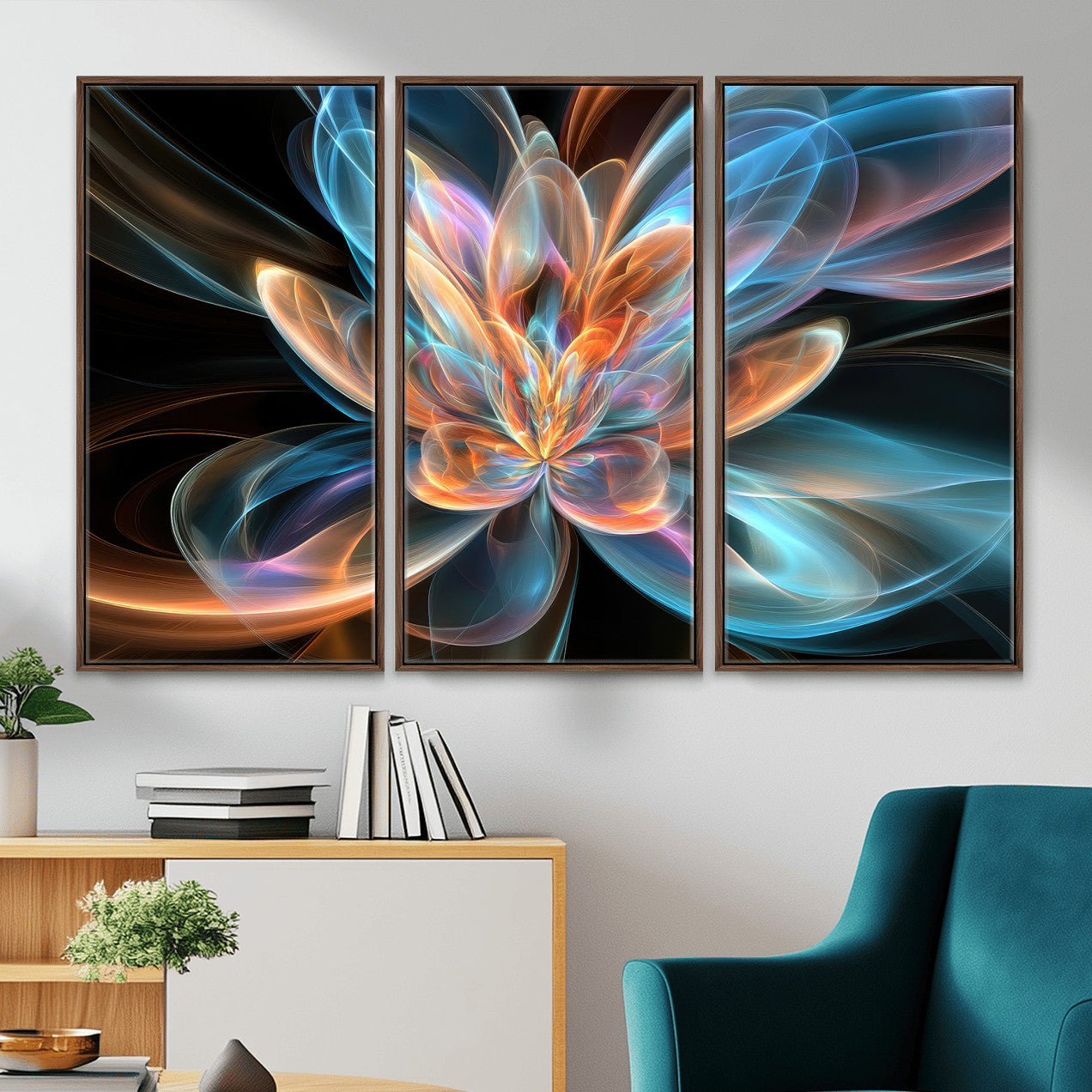 91902283-MGV-CV-36X24 - Fractal Lotus Canvas Wall Art, Blue Orange Glowing Flower Abstract Print, Modern Zen Meditation Room Decor, Ethereal Digital Art, Living Room