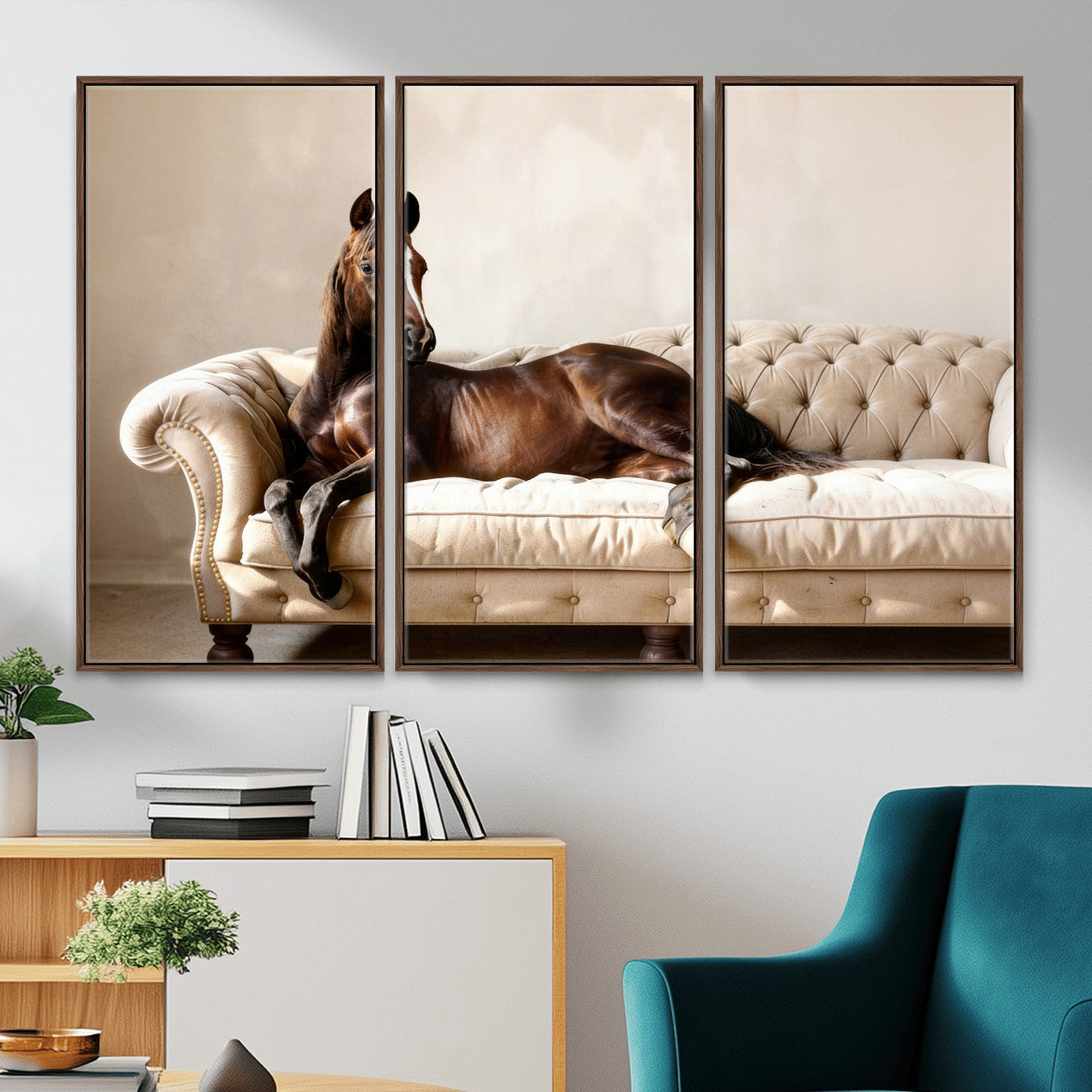 17716841-MGV-CV-36X24 - Funny Horse on Sofa Canvas Wall Art, Quirky Horse Lounging Photo Print, Whimsical Animal Decor, Living Room Conversation Art, Horse Lover Gift
