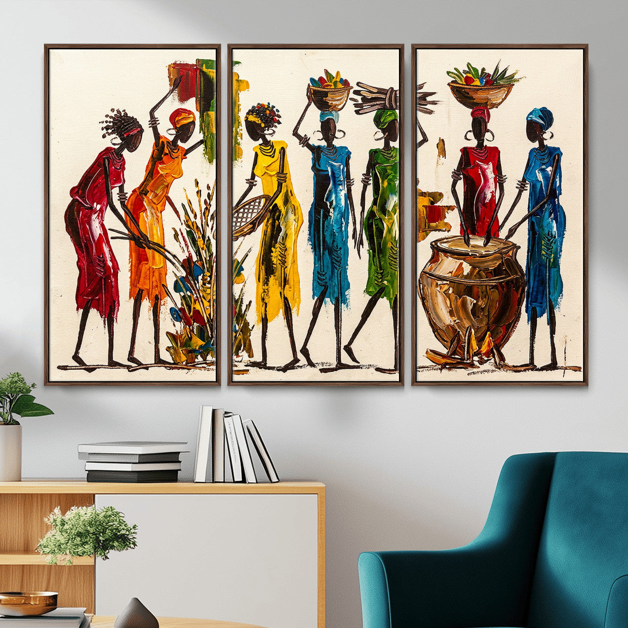 83463154-MGV-CV-36X24 - African Folk Art Canvas Wall Art, Colorful African Women Village Painting Print, Tribal Ethnic Home Decor, Vibrant African Art, Living Room