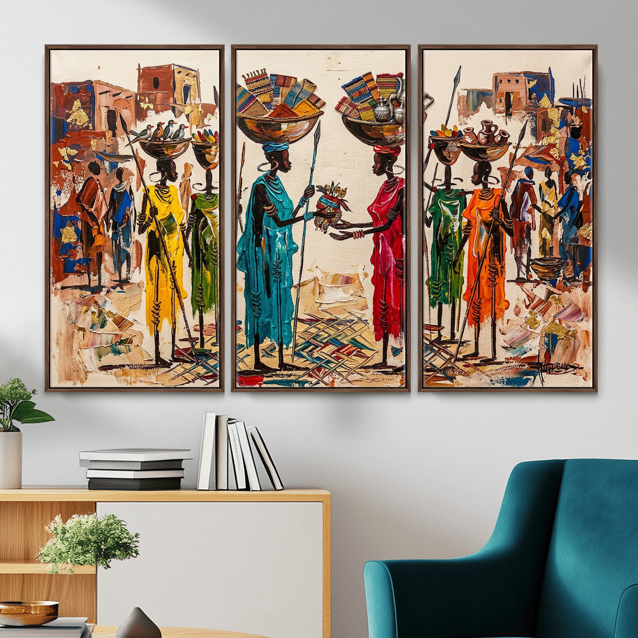 54818657-MGV-CV-36X24 - African Folk Art Canvas Wall Art, Colorful African Women Village Painting Print, Tribal Ethnic Home Decor, Vibrant African Art, Living Room
