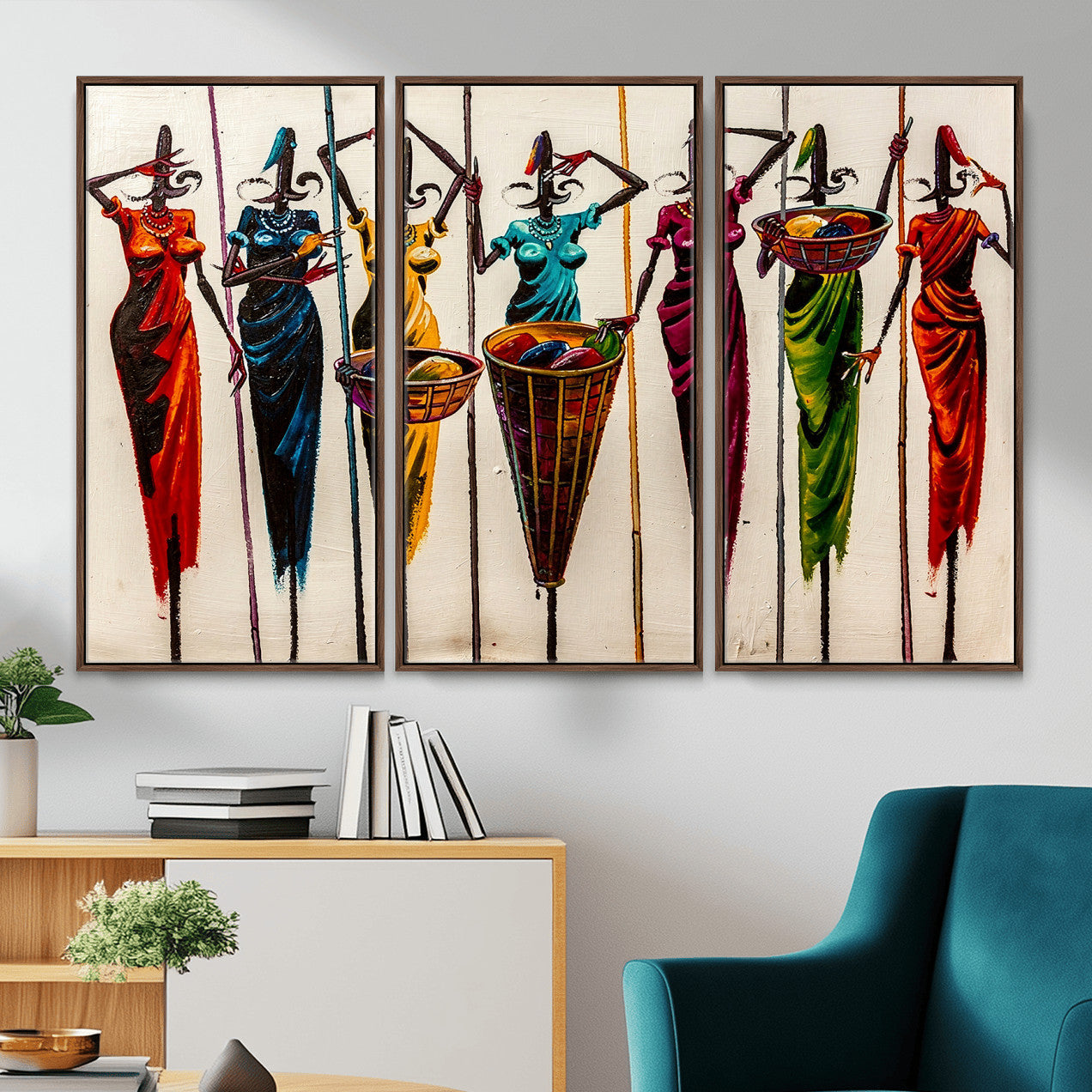 53545627-MGV-CV-36X24 - African Folk Art Canvas Wall Art, Colorful African Women Village Painting Print, Tribal Ethnic Home Decor, Vibrant African Art, Living Room