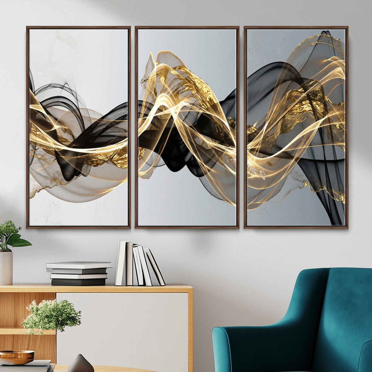 79483321DL-MGV-CV-36X24 - Black and Gold Abstract Wall Art, Modern Wave Canvas Print, Elegant Flowing Smoke Art, Luxury Living Room Decor