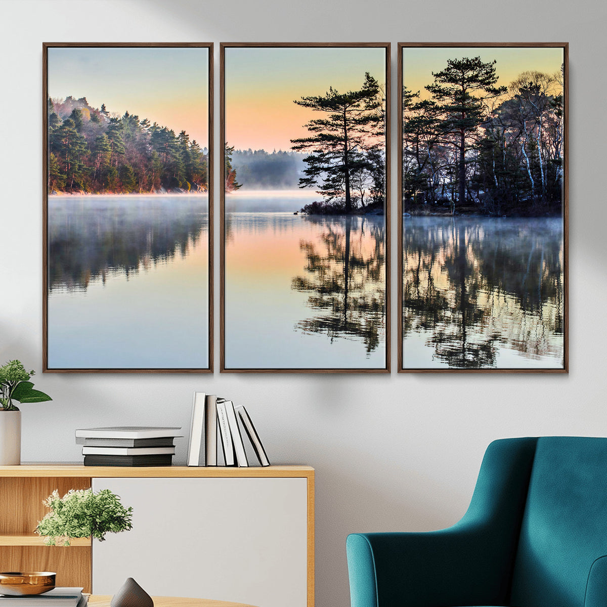 34236027-MGV-CV-36X24 - Before People Wake Canvas Wall Art Print, Misty Lake Sunrise Landscape, Forest Reflection Nature Decor, Ready to Hang