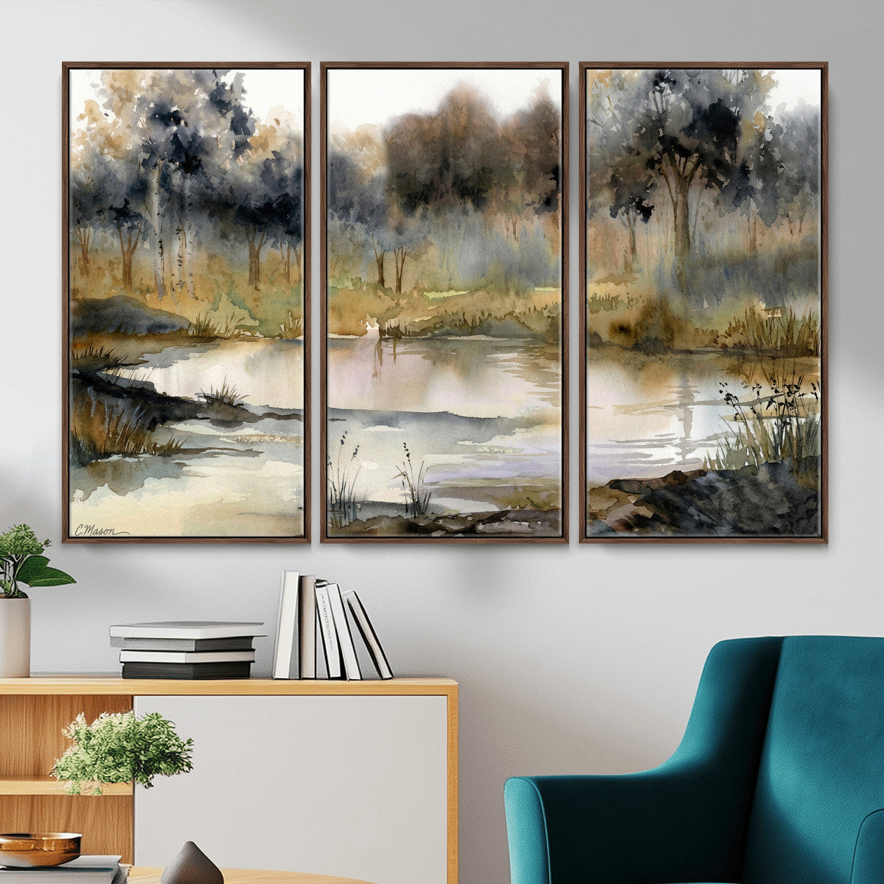 27383609-MGV-CV-36X24 - Abstract WatercolorAutumn Lake Canvas Wall Art Print, Misty Forest Landscape, Rustic Nature Painting, Cabin Wall Decor, Ready to Hang