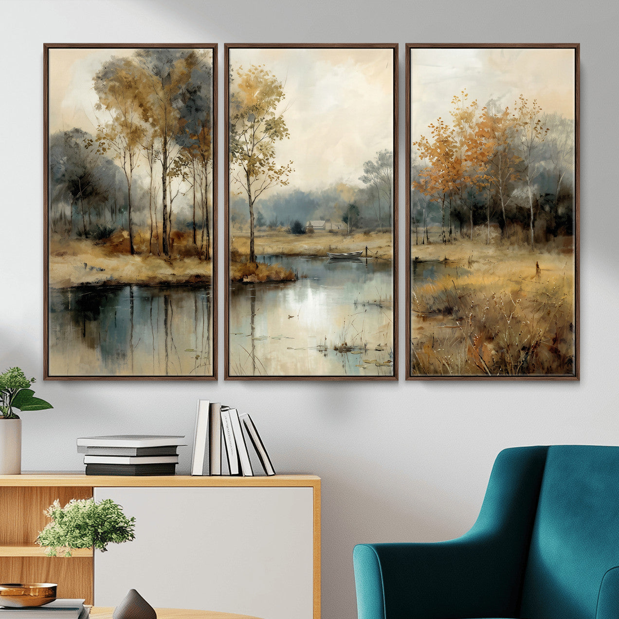 74391095-MGV-CV-36X24 - Abstract WatercolorAutumn Lake Canvas Wall Art Print, Misty Forest Landscape, Rustic Nature Painting, Cabin Wall Decor, Ready to Hang