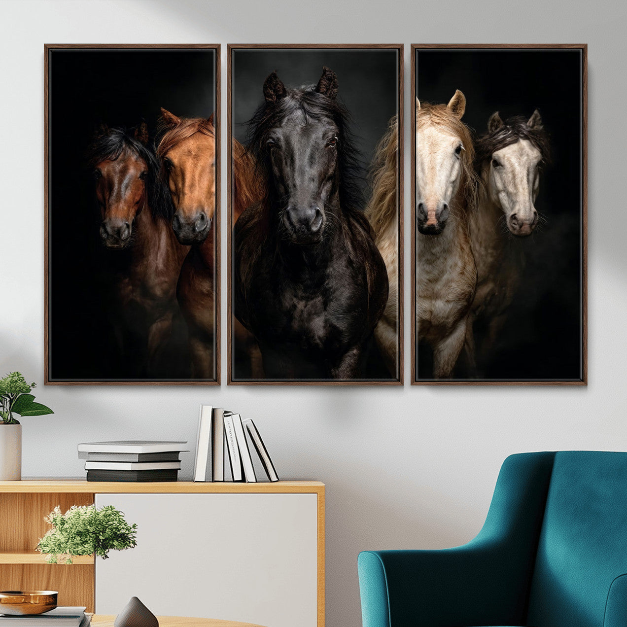 77696206-MGV-CV-36X24 - Horse Wall Art Canvas Print, Wild Horses Portrait Photography, Animal Horse Decor, Black Brown White Horse Herd, Rustic Ranch Art