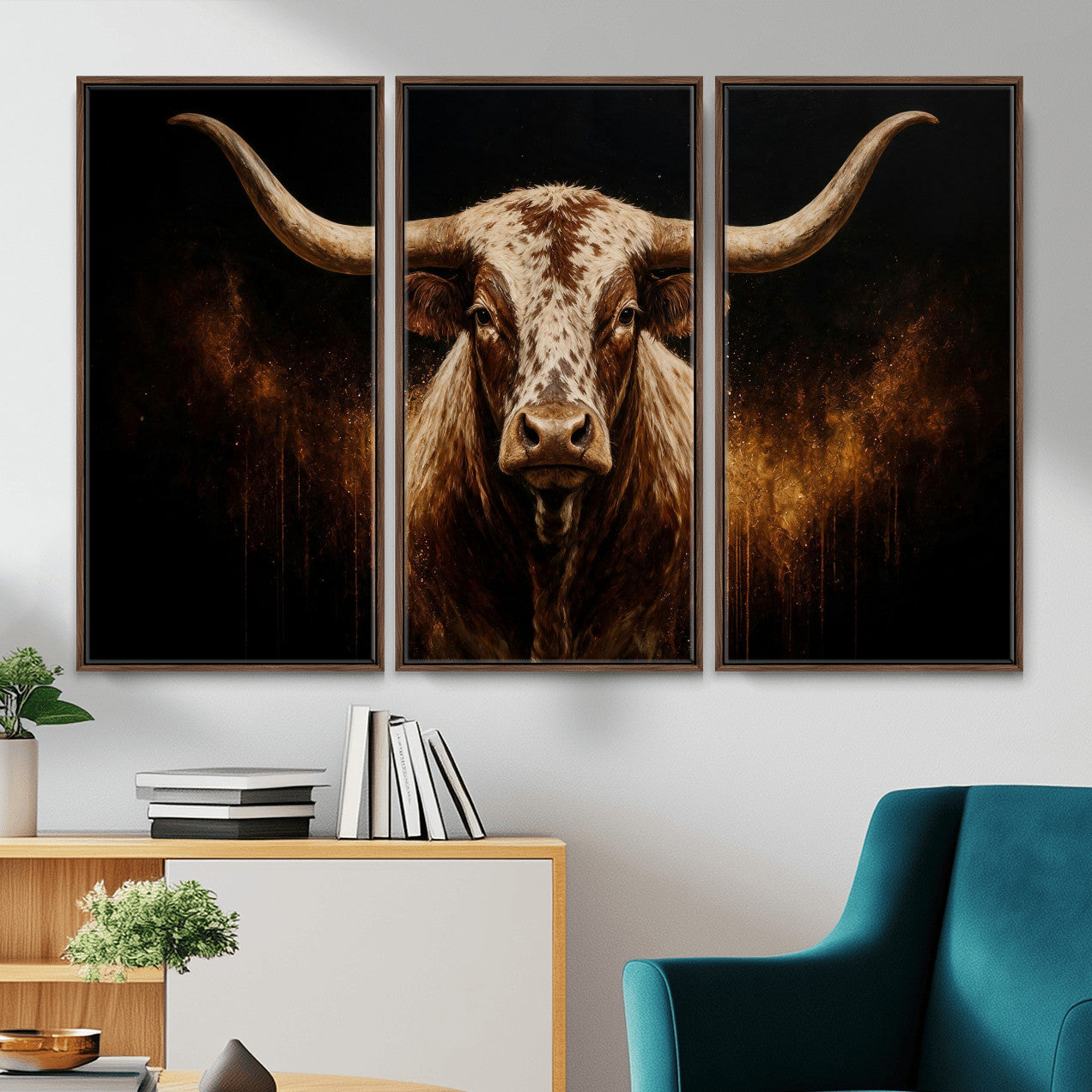 62076449-MGV-CV-48X32-3P - Texas Bull Cow Longhorn Canvas Wall Art Moody Western Bull Oil Painting Print