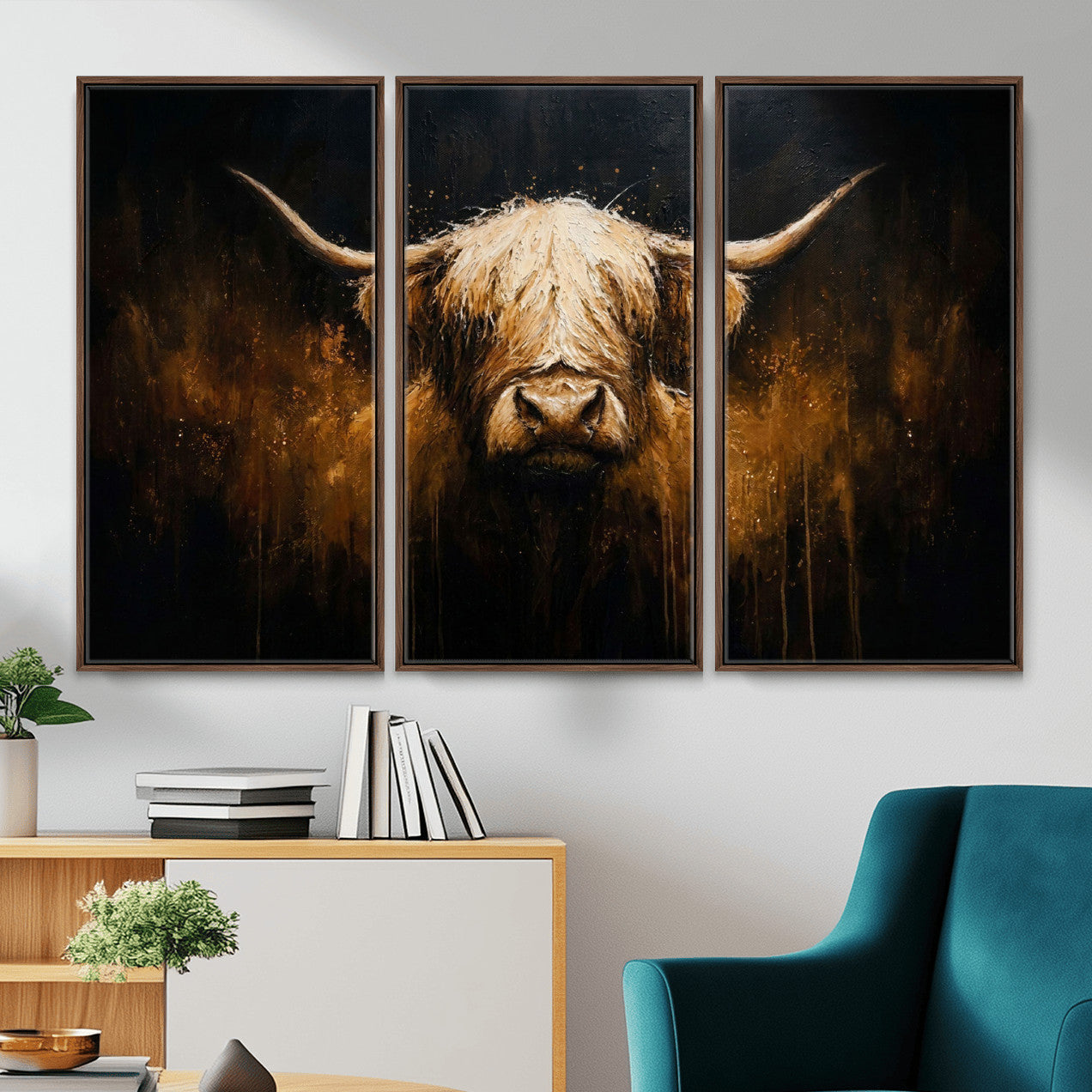 79873059-MGV-CV-36X24 - Rustic Highland Cow Canvas Print Dark Farmhouse Cattle Wall Decor