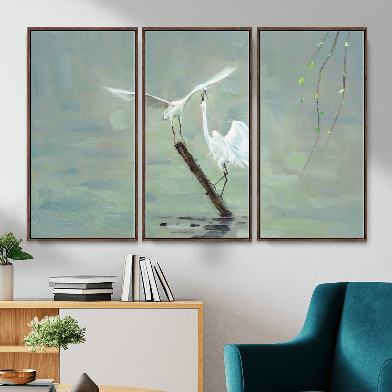 91124838-MGV-CV-36X24 - Two White Egrets on Marsh Branch Wall Art Canvas Print - Vintage Style Coastal Bird Poster