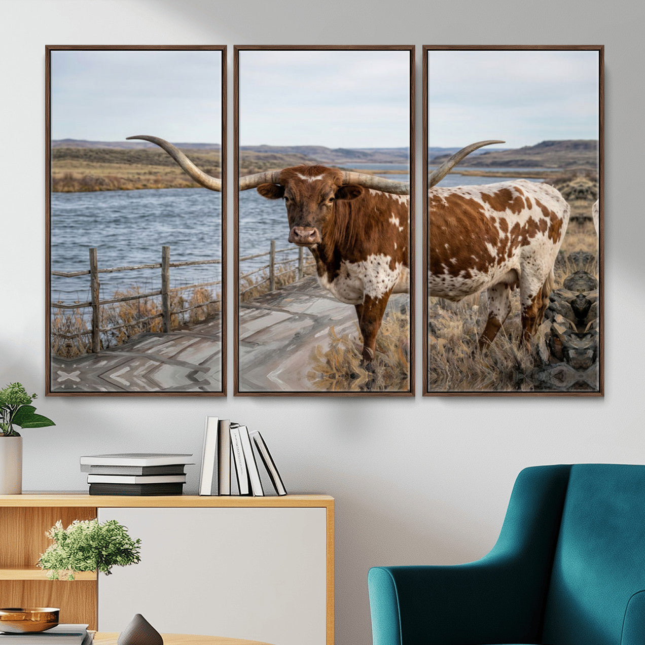 91575949-MGV-CV-36X24 - Texas Longhorn Cattle in Desert Pasture Wall Art Canvas Print - Rustic Western Decor