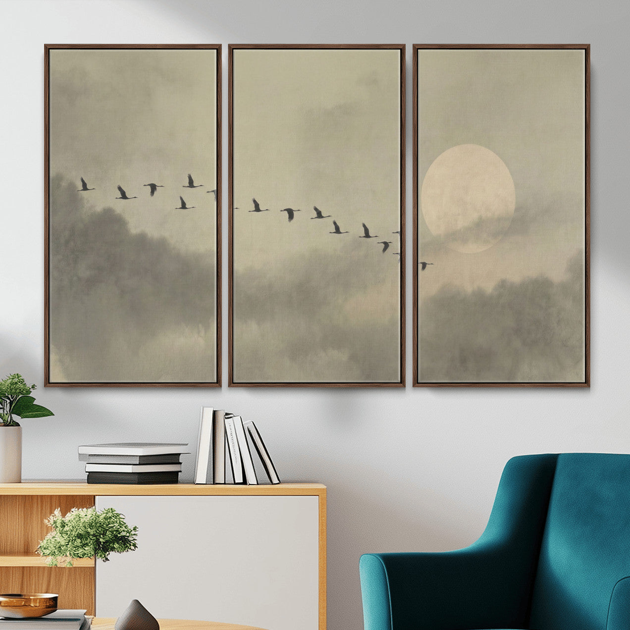 12098149-MGV-CV-36X24 - Flock of Birds Flying to Full Moon Wall Art Canvas Print - Vintage Surreal Clouds Painting