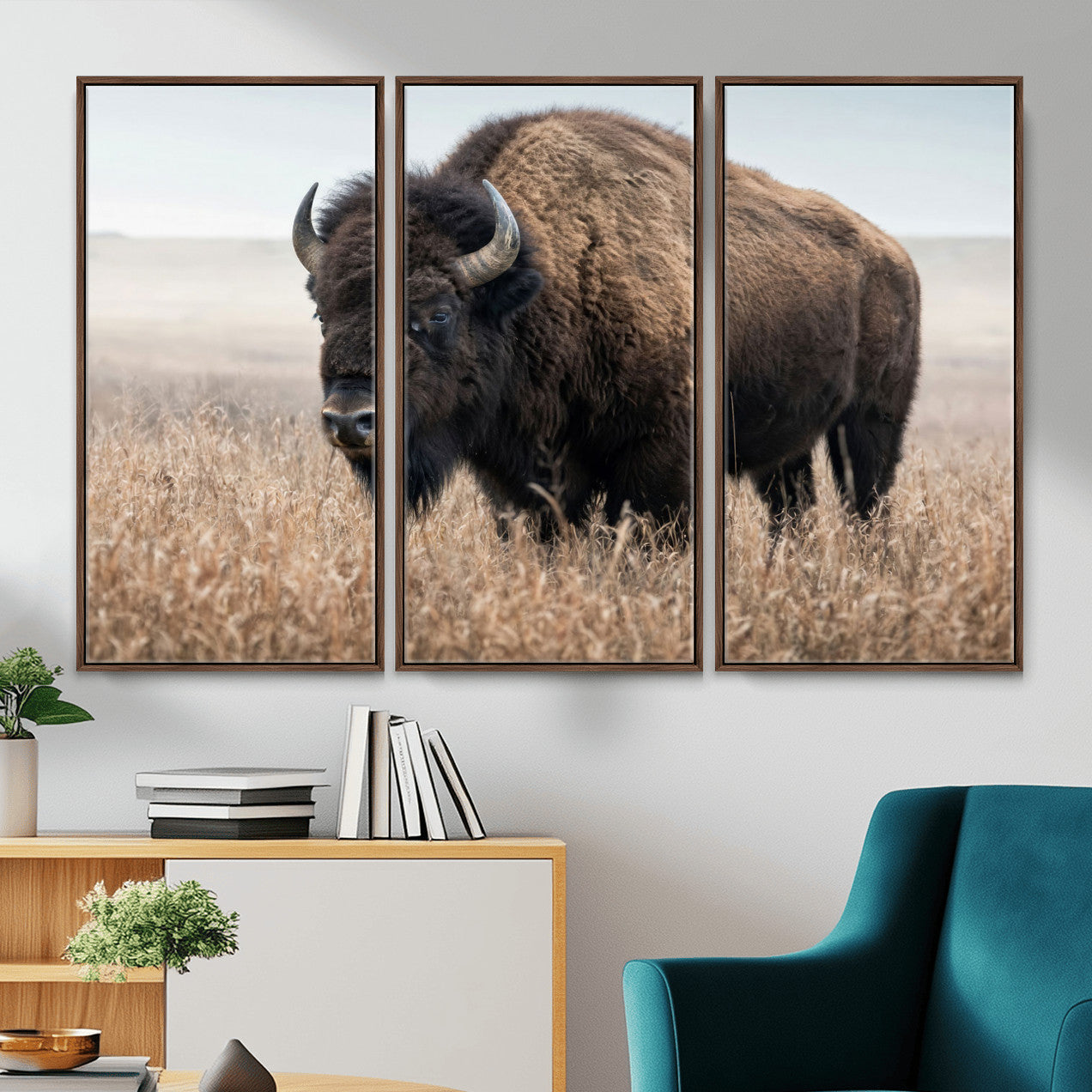81029583-MGV-CV-36X24 - American Bison in Prairie Field Wall Art Canvas Print - Rustic Wildlife Photography