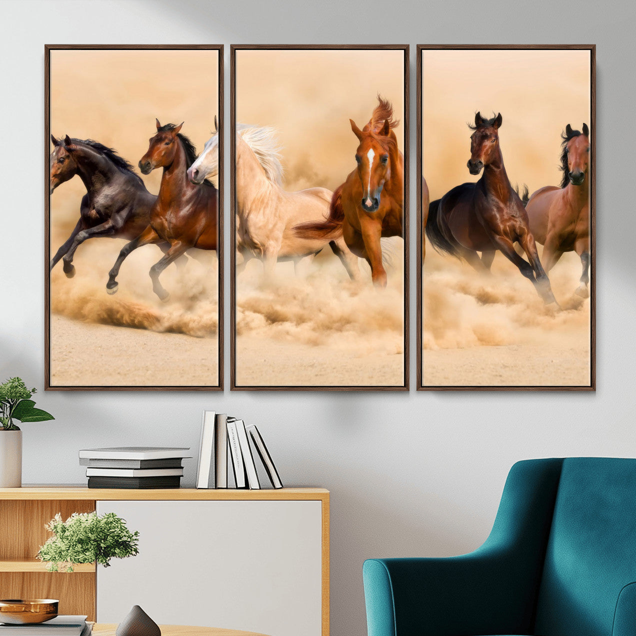 90610949-MGV-CV-36X24 - Herd of Six Wild Horses Galloping in Dust Storm Wall Art Canvas Print - Majestic Wildlife Decor