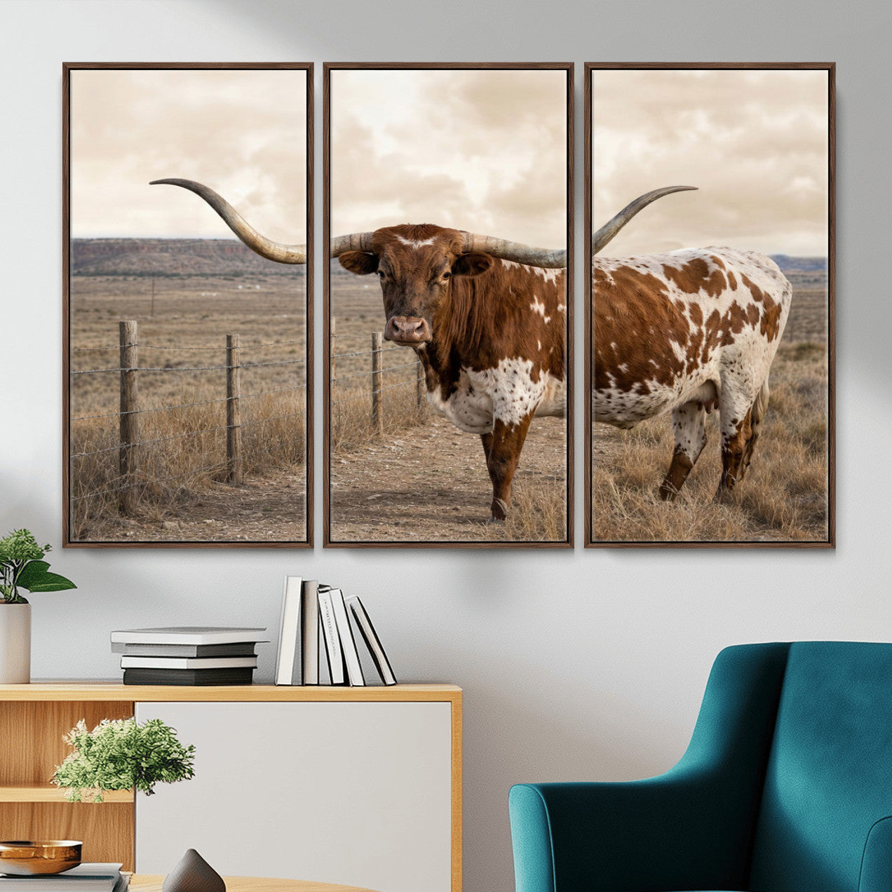 22808364-MGV-CV-36X24 - Texas Longhorn Cattle in Desert Pasture Wall Art Canvas Print - Rustic Western Decor