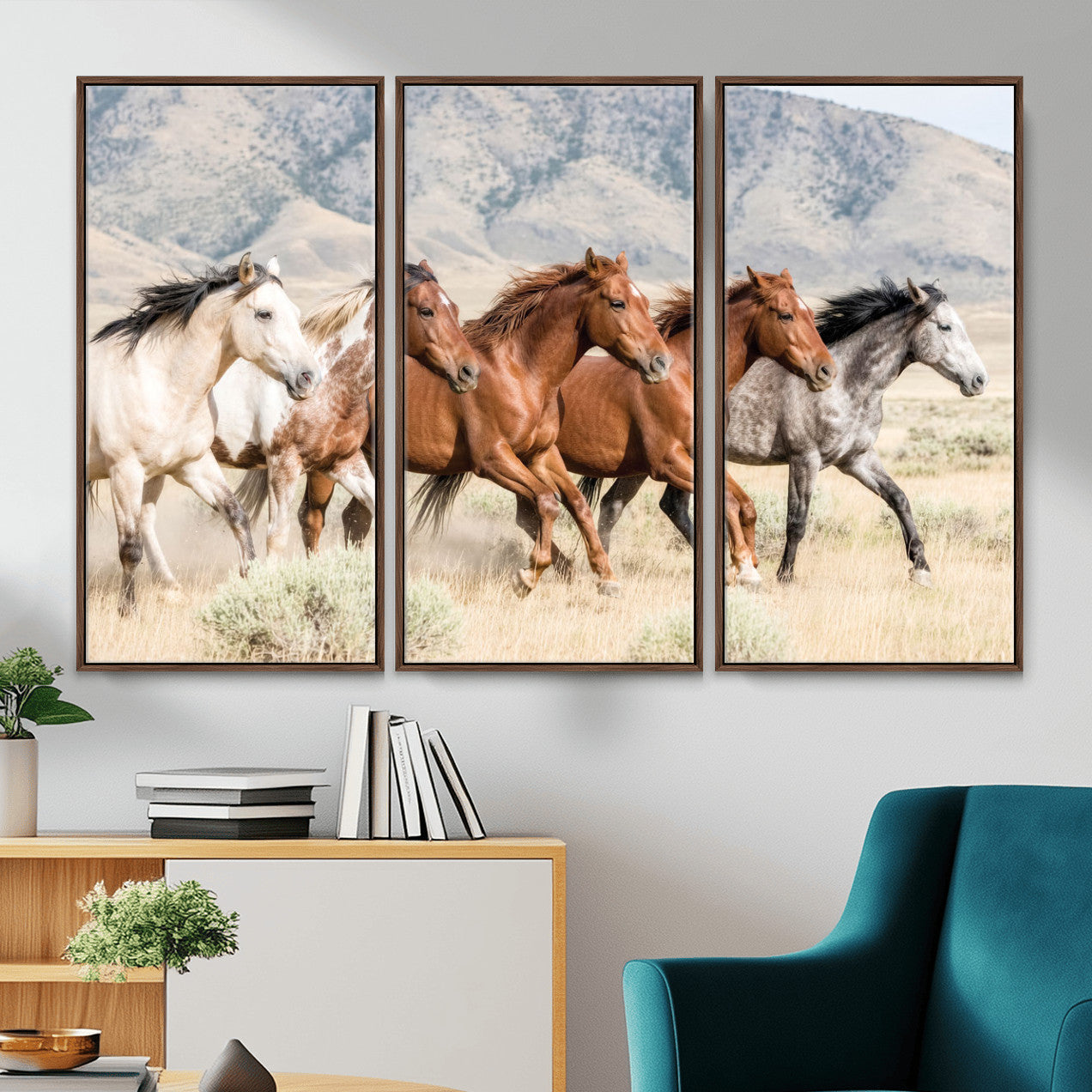 68345893-MGV-CV-36X24 - Five Mustangs Running Wild in Mountain Valley Wall Art Canvas Print - Rustic Western Decor