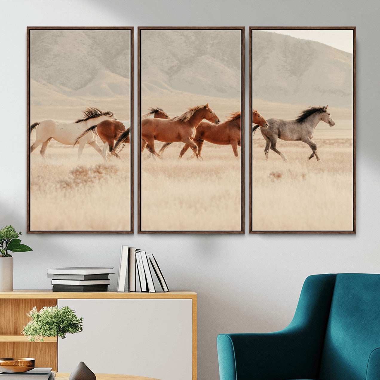 43348446-MGV-CV-36X24 - Herd of Wild Horses Running in Desert Mountain Wall Art Canvas Print - Boho Western Landscape