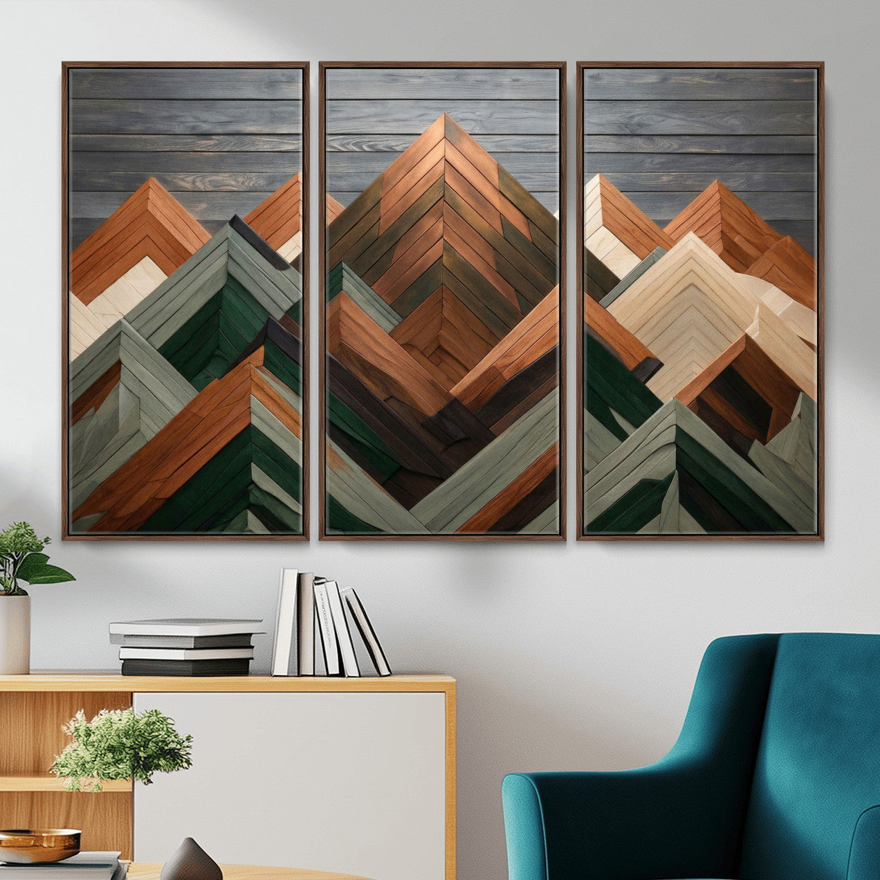 84617347-MGV-CV-36X24 - Geometric Wood Mountain Wall Art Canvas Print, 3D Look Rustic Mosaic Landscape Print