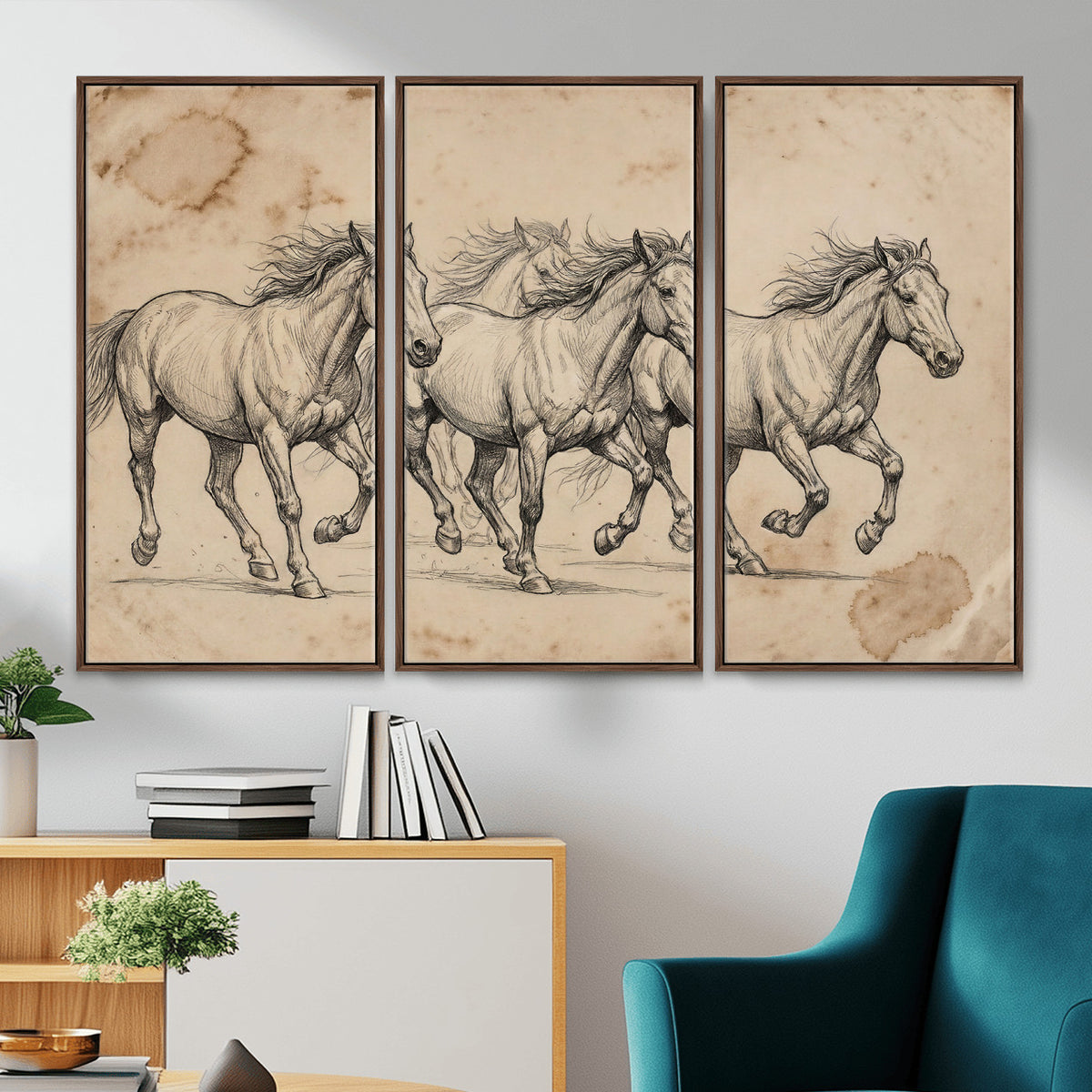 56046981-MGV-CV-36X24 - Sepia Wild Horses Canvas Art, Antique Pencil Drawing Print, Vintage Gallery Wall Decor, Rustic Equestrian Artwork, Traditional Den Gift