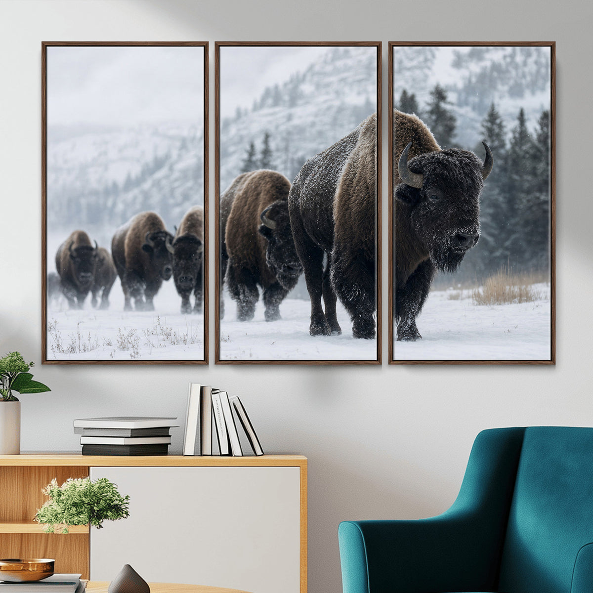 18343289-MGV-CV-36X24 - Rustic Bison Wall Art, American Buffalo Photo Print, Wildlife Canvas Artwork, Snowy Mountain Decor, Large Nature Poster, Cabin Gift Idea