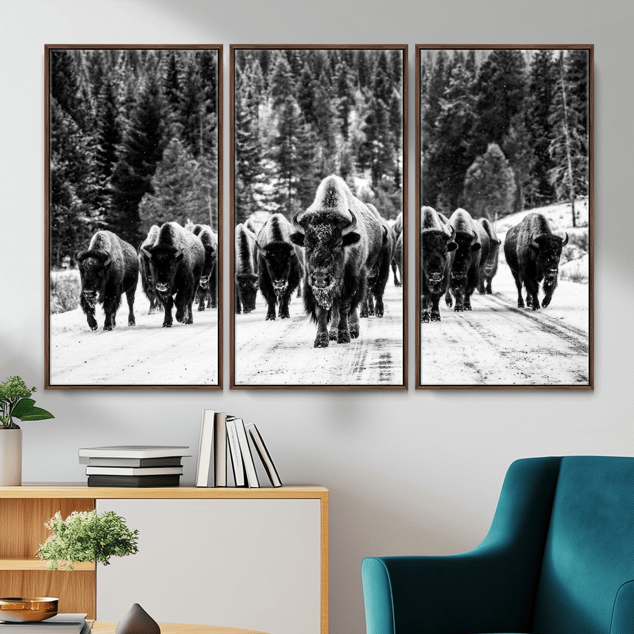 79337077-MGV-CV-36X24 - Black and White Bison Canvas Art, American Buffalo Print, Winter Wildlife Photography, Rustic Forest Wall Decor, Large Statement Nature Gift