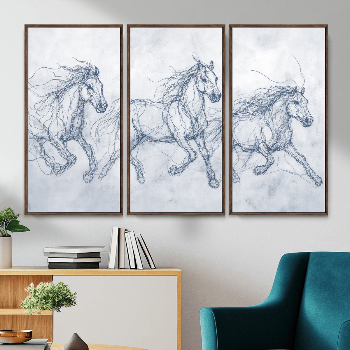 41163601-MGV-CV-36X24 - Indigo Blue Horse Line Art Canvas, Steel Grey Wild Horses Print, Abstract Navy Scribble Artwork, Modern Slate Equine Wall Decor, Coastal Ranch Gift